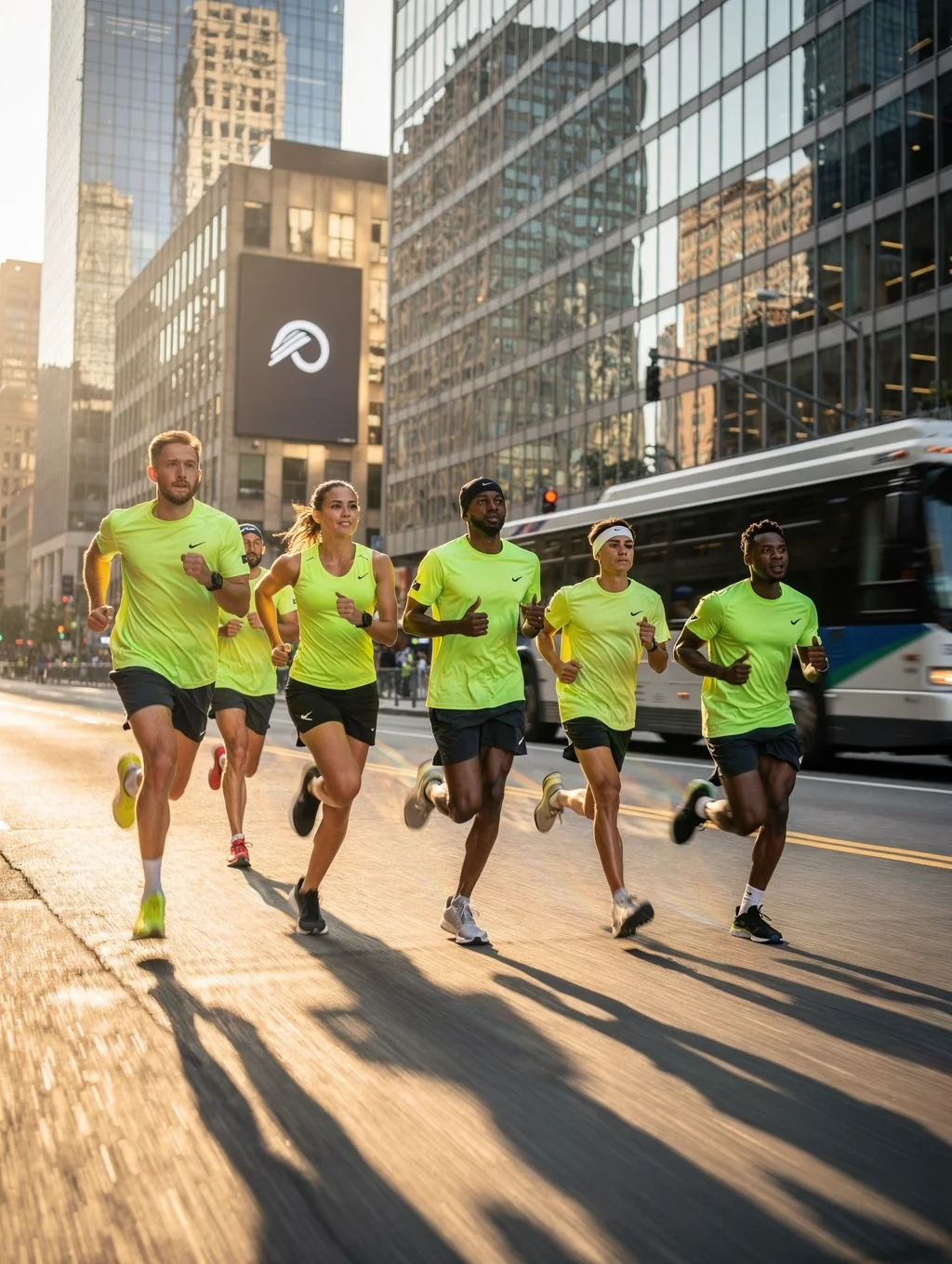Wide shot of the crew running through the city